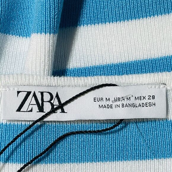 Zara Medium Cropped Top Striped Square Neck Knit Stretch Short Sleeve Teal Blue - Picture 5 of 6